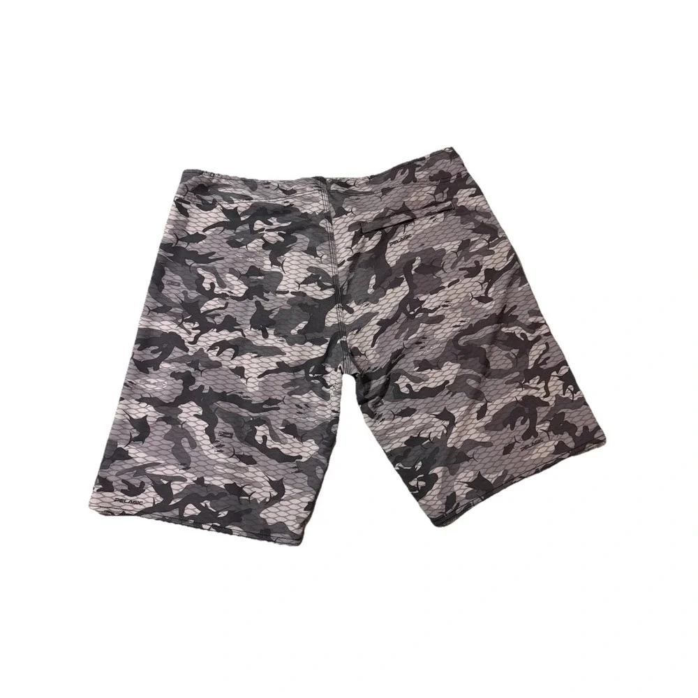 Pelagic 4Tek Fish Camo 2 Gray Board Shorts Men 40 Swim Trunks Pocket Drawstring